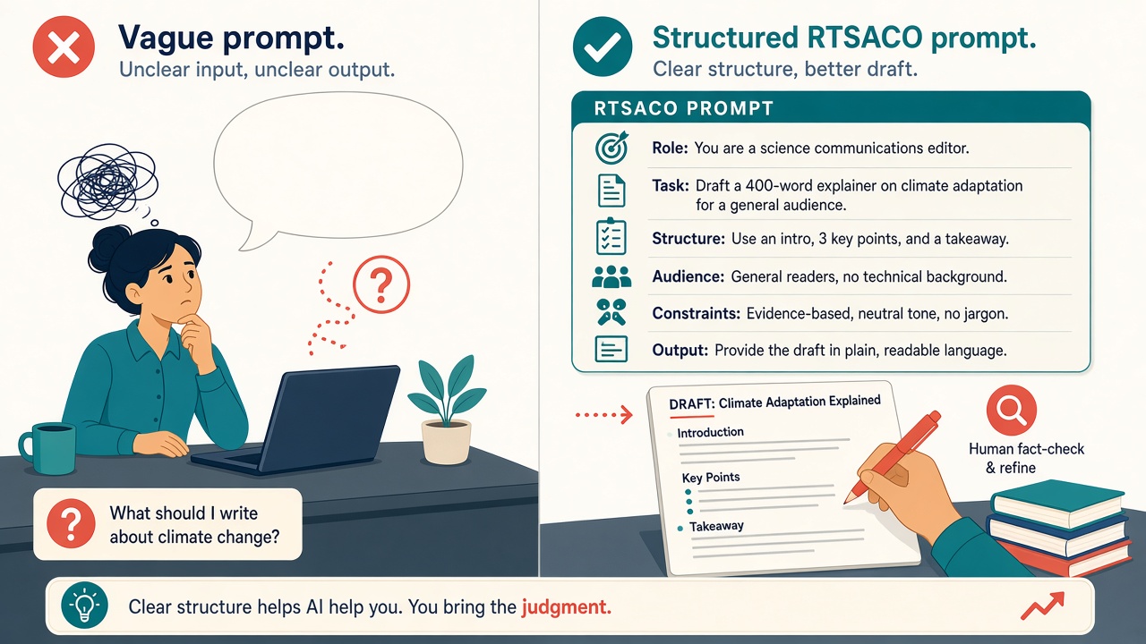 Vague blank-page prompt versus a structured RTSACO prompt with human fact-check.