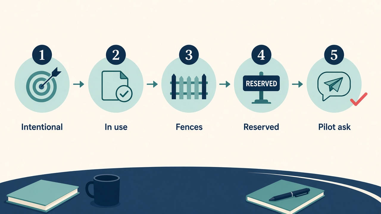 Five-minute talking sequence: intentional, in use, fences, reserved decisions, then the pilot ask.