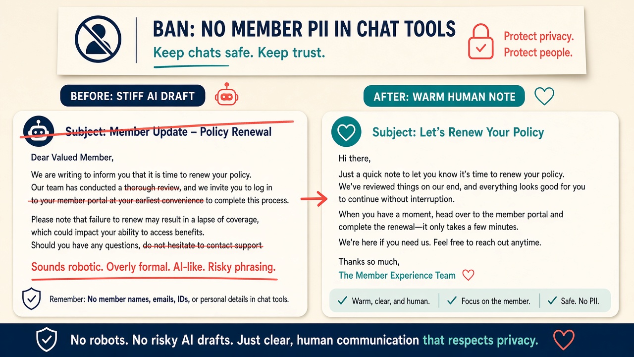 Stiff machine draft struck through versus a plain human renewal note; no member PII in chat tools.