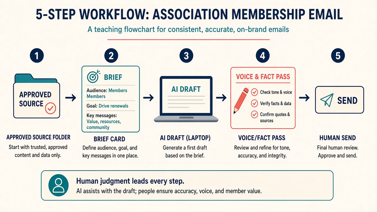 Approved source to brief to AI draft to voice and fact pass to human send.