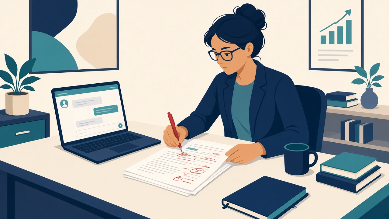 Staff editing a printed draft with a red pen while a chat panel sits on the laptop; humans own the final send.