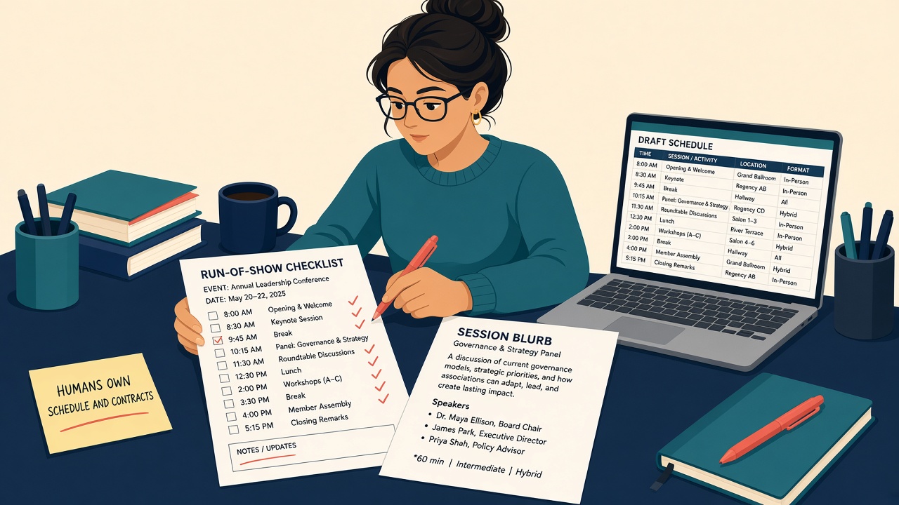 Meetings lead marks a run-of-show checklist; sticky note says humans own schedule and contracts.