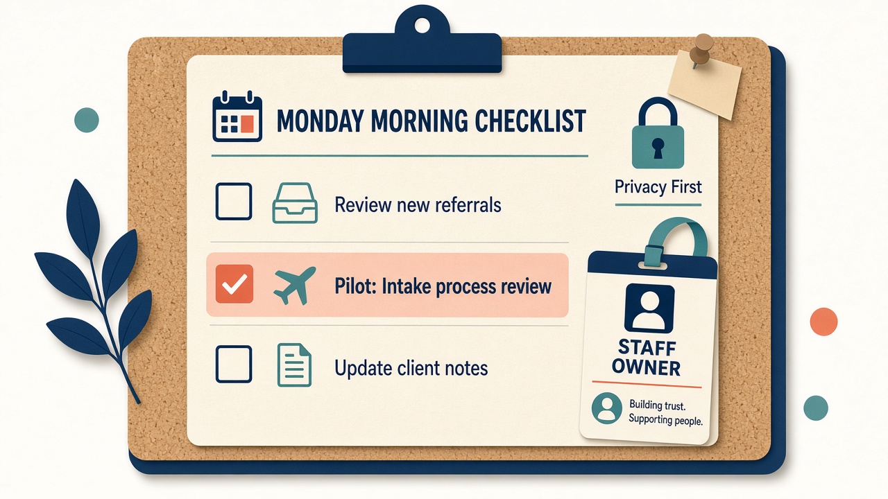 Monday morning checklist clipboard with a privacy lock and a staff-owner badge.