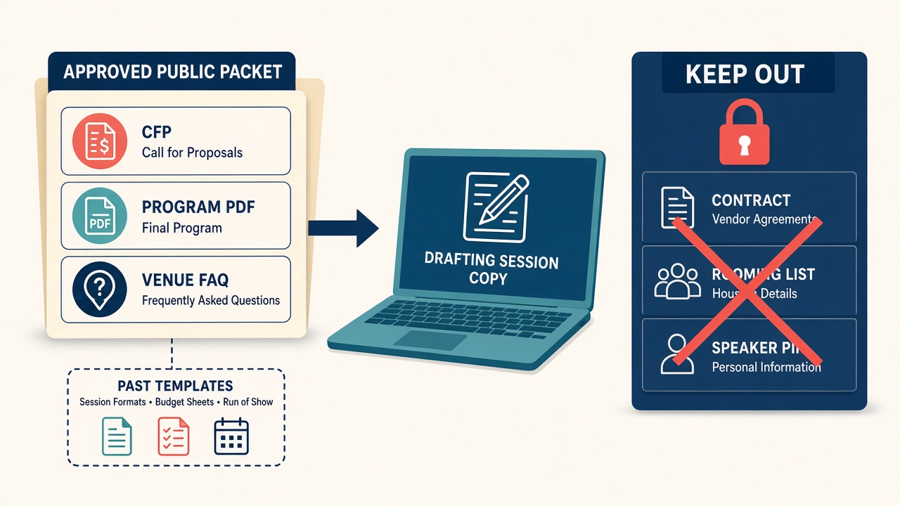Approved public packet (CFP, program, venue FAQ) feeds drafting; contracts, rooming lists, and speaker PII stay locked out.