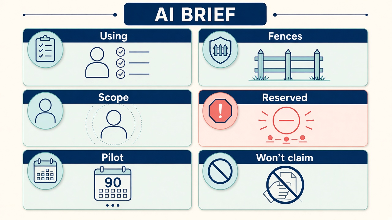 Six-block AI board brief: Using, Fences, Scope, Reserved, Pilot, and Won’t claim.